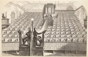 La chapelle, sur le système séparé, à la prison de Pentonville, pendant le service divin, illustration de The Criminal Prisons of London and Scenes from Prison Life par Henry Mayhew et John Binny, pub. 1862