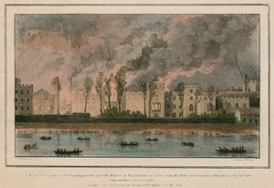La conflagration des deux Chambres du Parlement vue depuis la rivière à 20 heures