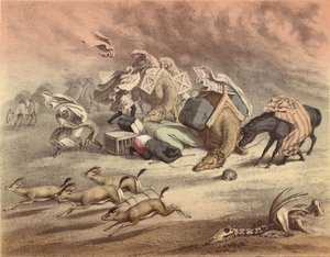 Le grand désert africain, caravane de chameaux, chevaux et ânes, pris par le Simoom, gazelles effrayées - English School