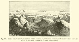 La glace intérieure vue au sud du Groenland, avec les Nunataks, ou pics ou îles dénudés de glace, apparaissant au milieu - English School