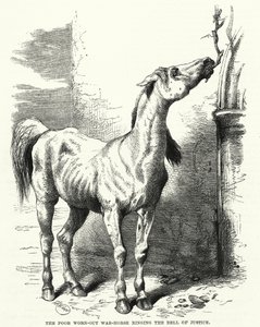Le pauvre cheval de guerre épuisé sonnant la cloche de la justice