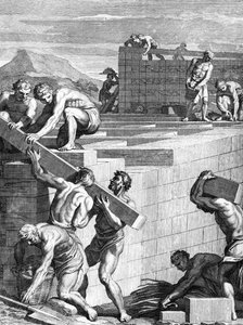 Les murs des villes chez les Gaulois sont construits de cours alternés de pierres et de poutres, gravé par Cornelis Huyberts, illustration des Commentaires de César traduit en anglais par William Duncan