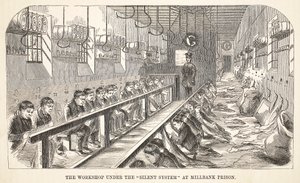 Atelier sous le système silencieux à la prison de Millbank, illustration de The Criminal Prisons of London and Scenes from Prison Life par Henry Mayhew et John Binny, pub. 1862