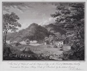 Vue de Whitewell et du pavillon du gardien dans la forêt de Bowland, dédiée humblement à Son Altesse Henry Duc de Buccleuch, par son obéissant serviteur J L Parker (gravure)