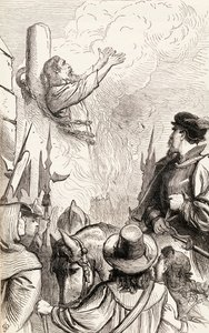 Thomas Hawkes brûlé sur le bûcher pendant les persécutions mariales, vers 1865