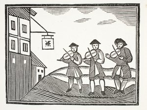 Trois violoneux dans Thames Street, qui ont joué pour un marié le matin, qui ne leur a rien donné à boire, illustration de Chap-books du XVIIIe siècle par John Ashton, pub. 1882