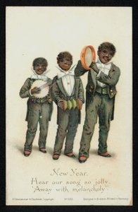 Trois garçons noirs jouant des instruments de musique, carte de vœux du Nouvel An