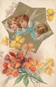 Trois chérubins dans une image décorée de fleurs - English School