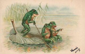 Trois grenouilles naviguant sur un nénuphar