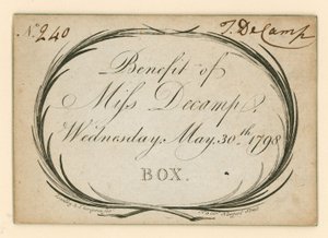 Billet pour le Théâtre de Drury Lane, Londres : Bénéfice de Miss Decamp, 30 mai 1798