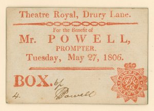 Billet pour le Théâtre de Drury Lane, Londres : Pour le bénéfice de M. Powell, souffleur, 27 mai 1806