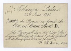 Billet pour les poissonniers de Londres pour une excursion en bateau sur le Citizen Steam Boat, 24 juin 1851