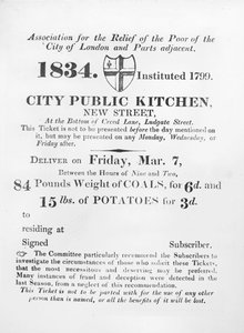 Billet délivré aux pauvres pour recevoir du charbon et des pommes de terre de la Cuisine publique de la ville, New Street, Londres, 1834 - English School
