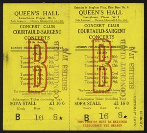 Billet pour les concerts Courtauld-Sargent, Queens Hall, Langham Place, Londres, 1939-1940