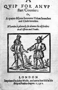 Page de titre pour A Quip for an Upstart Courtier: ou, Une dispute pittoresque entre Velvet breeches et Cloth breeches par Robert Greene, publié en 1592