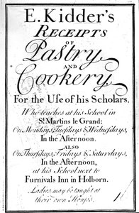 Page de titre de E. Kidders Receipts of Pastry and Cookery, par Edward Kidder, publié vers 1730 - English School
