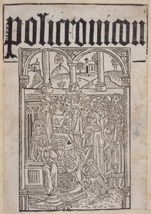 Page de titre du Polychronicon de Ranulf Higden (d.1364) imprimé par Wynkyn de Worde, 1495 - English School