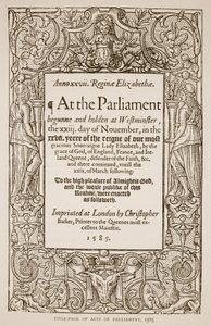 Page de titre des Acts of Parliament, imprimé par Christopher Barker (1528-99), 1585