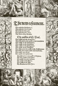 Page de titre du Nouveau Testament de William Tyndale, imprimé dans les années 1530, tirée de The National and Domestic History of England par William Hickman Smith Aubrey, publié à Londres vers 1890 - English School