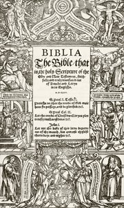 Page de titre de la Bible de Coverdale, imprimée en 1535, tirée de The National and Domestic History of England par William Hickman Smith Aubrey, publié à Londres vers 1890