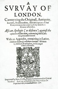 Page de titre de A Survey of London par John Stow, publiée en 1598