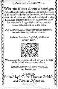 Page de titre de Amorous Fiammetta par Giovanni Boccaccio, traduction anglaise publiée en 1587
