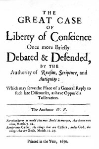 Page de titre de La Grande Affaire de la Liberté de Conscience par William Penn, publié en 1670