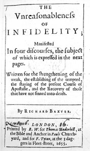 Page de titre de The Unreasonableness of Infidelity par Richard Baxter, publié en 1655