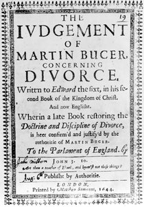 Page de titre de Le Jugement de Martin Bucer concernant le divorce par John Milton, publié en 1644
