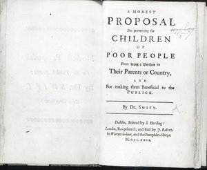 Page de titre de A Modest Proposal de Jonathan Swift, publiée en 1729 - English School