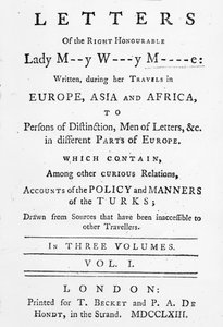 Page de titre de Lettres de la Très Honorable Lady Mary Wortley Montagu, écrites pendant ses voyages en Europe, Asie et Afrique, publiées en 1763