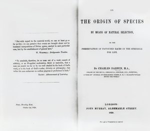 Page de titre de On the Origin of Species par Charles Darwin, publié en 1859 - English School