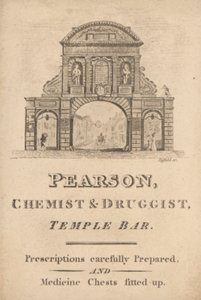 Carte de visite pour Pearson, chimiste et pharmacien, Temple Bar, Londres (gravure) - English School