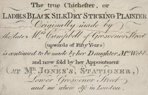 Carte de visite de The True Chichester, ou Ladies Black Silk Dry Sticking Plaister - English School