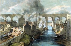 Train traversant le viaduc de Stockport sur la London  North Western Railway, vers 1845 (lithographie couleur) - English School