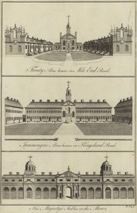 Trinity Almshouses à Mile End Road, Ironmongers Almshouses à Kingsland Road et les Écuries de Sa Majesté dans les Mews, Londres - English School