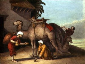 Deux chameaux avec des assistants, vers 1825