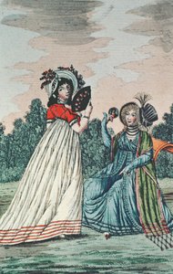 Deux dames à la mode dans un jardin, vers 1800 (gravure en couleur) - English School