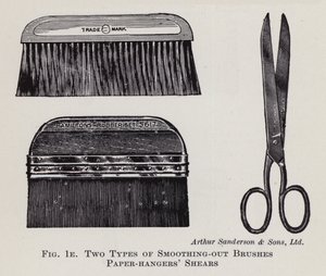 Deux types de brosses de lissage, cisailles de tapissier (lithographie) - English School