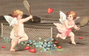 Deux chérubins jouant au tennis avec un cœur comme balle