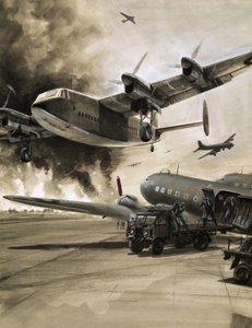 Avion non identifié avec ville en flammes en arrière-plan - English School