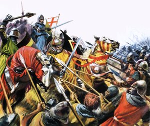 Scène de bataille non identifiée avec des chevaux de cavalerie blindés utilisés contre un ennemi armé de lances