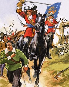 Cavalier non identifié sur le point de frapper un paysan en fuite