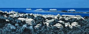 Littoral non identifié avec village et bateaux à l
