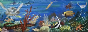 Créatures sous-marines non identifiées, y compris des poissons colorés et une tortue - English School
