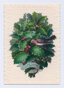 Carte de Noël et de Nouvel An victorienne avec un rouge-gorge dans un bouquet de feuilles de houx, vers 1880 (lithographie en couleur)