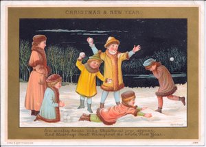 Carte de Noël et de Nouvel An victorienne avec des enfants jouant dans la neige et lançant des boules de neige, vers 1880 (lithographie en couleur) - English School