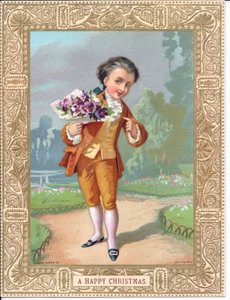 Carte de Noël victorienne avec un jeune garçon habillé en vêtements victoriens tenant un bouquet de fleurs, vers 1880 (lithographie en couleur) - English School