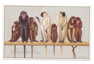 Carte de vœux victorienne du Nouvel An avec huit singes sur un rebord, vers 1880