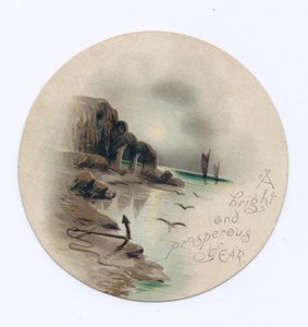 Carte de Nouvel An victorienne circulaire avec un paysage marin et deux yachts par une nuit de clair de lune, vers 1880 (lithographie en couleur)